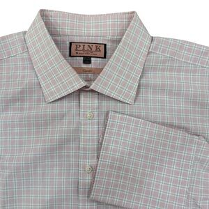 THOMAS PINK Mens Size 18.5 Pink & Blue Check Classic Fit French Cuff Dress Shirt